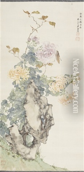 A Scroll Painting Of Chrysanthemums Oil Painting -  Ju Lian