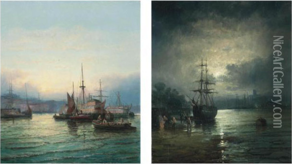 Prison Hulks Lying On The Medway At Dusk Oil Painting - William A. Thornley Or Thornber