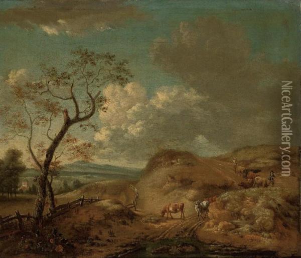 An Extensive Landscape With 
Cattle And Drovers On A Sandy Track, A Tower And A Mountain Range Beyond Oil Painting - Jan Wijnants