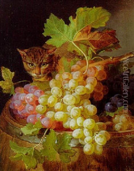Katze Hinter Einem Fas Mit Trauben Oil Painting - Andreas Lach