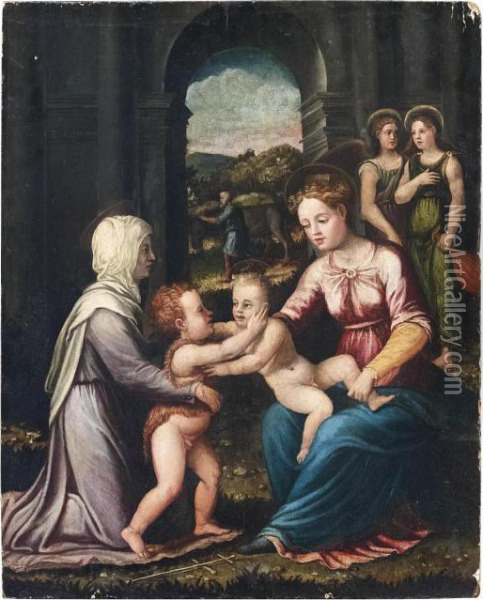 Madonna Col Bambino, Sant'elisabetta E S. Giovannino Oil Painting - Girolamo da Carpi