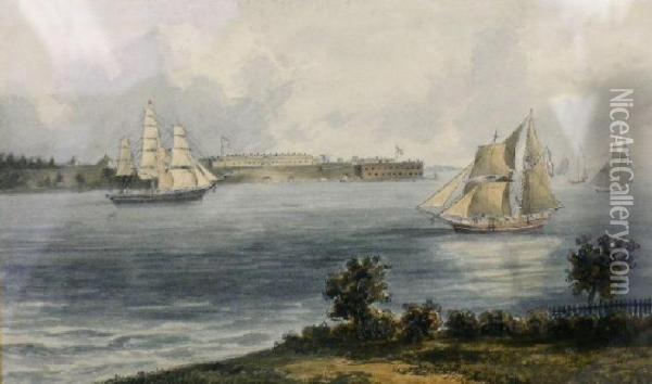 Forts Hamilton And Lafayette, The Narrows, New York, From Staten Island Oil Painting - John Perry Newell