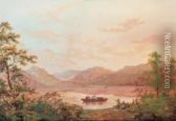 View On Lake Windermere With A Ferry Transporting Figures Andcattle, Cumbria Oil Painting - John Laporte