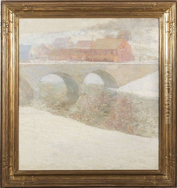 Snow Scene With Bridge Oil Painting - Ann Crane