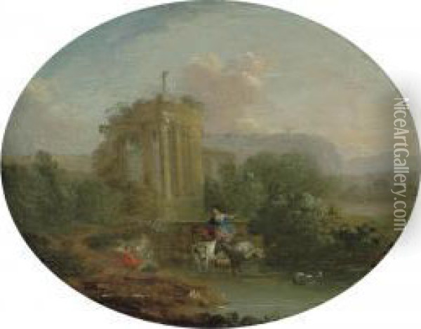 An Italianate Landscape With Drovers And Their Herd Watering Beside Classical Ruins Oil Painting - Pierre-Antoine Patel