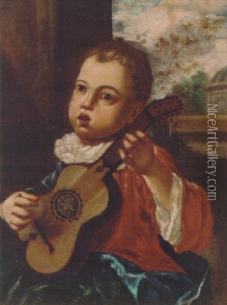 A Young Boy Playing A Guitar Oil Painting - Antonio Mercurio Amorosi