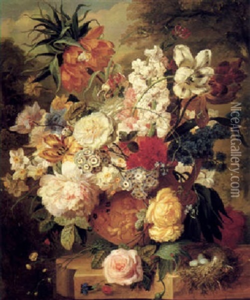Still Life Of Summer Flowers In An Urn With A Birds Nest On A Stone Ledge Oil Painting - Jan Van Huysum