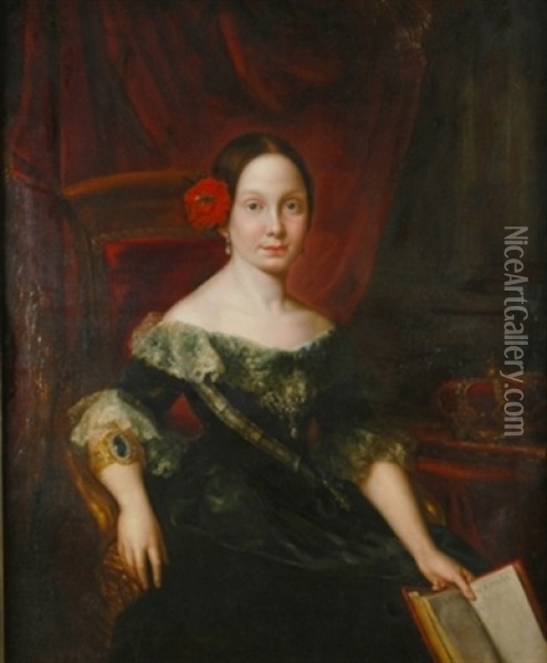 Portrait Of Queen Isabella Ii Of Spain Holding A Book Of The Laws Of Spain Oil Painting - Vicente Lopez y Portana