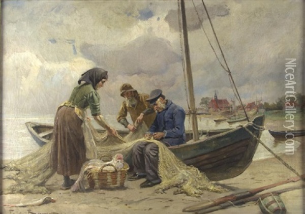 Fischer Am Ufer Beim Flicken Der Netze Oil Painting - Friedrich (Fritz) Raupp