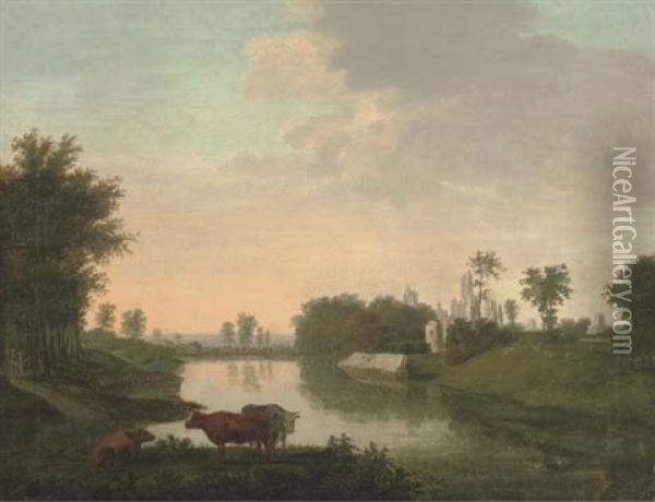 Cattle By A Lake, With Ruins Beyond Oil Painting - Edmund Garvey