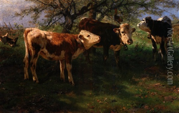 Fruhlingsweide Mit Drei Kalbern, Bluhenden Baumen, Eichhornchen Und Huhnern Oil Painting - Anton Braith