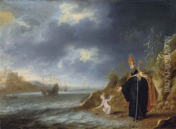 Saint Augustine's Vision Of The Christ Child, Dutch Men-o-war And Other Vessels In A Choppy Sea And A Fortress Beyond Oil Painting - Bonaventura Peeters the Elder