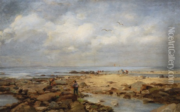 Clammers By The Sea Oil Painting - Ludwig Lanckow