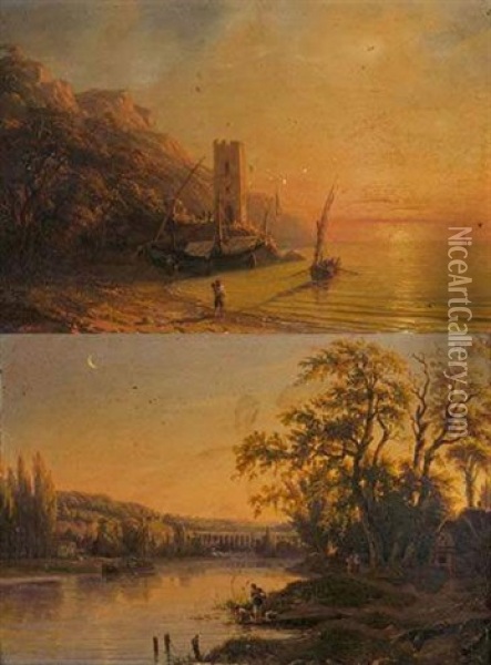 Cote Mediterraneenne Au Crepuscule (+ Vue D'un Viaduc Dans Un Paysage Mediterraneen; Pair) Oil Painting - Henri Charles Stock