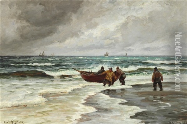 Fishermen At Their Boat On The Beach Oil Painting - Carl Ludvig Thilson Locher