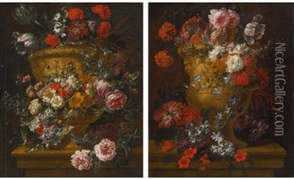 Still Lifes Of Flowers In Sculpted Stone Urns (pair) Oil Painting - Jan-Baptiste Bosschaert