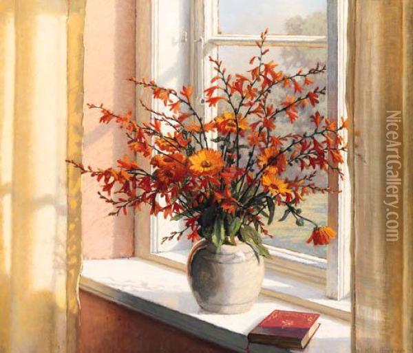 A Sunlit Interior With Summer Flowers On A Ledge Oil Painting - Wilhelm Andersen