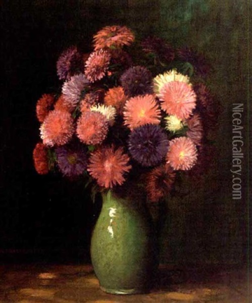 Chrysanthemums In A Green Vase Oil Painting - Richard Strasberger