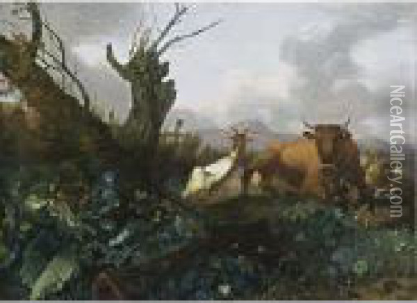 A Cow, Goats And Sheep In A Meadow Oil Painting - Willem Romeyn