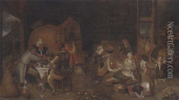 Peasants Eating And Drinking In A Kitchen Interior Oil Painting - Marten van Cleve the Elder