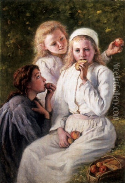Three Young Girls Eating Apples Oil Painting - Jacques Eugene Feyen