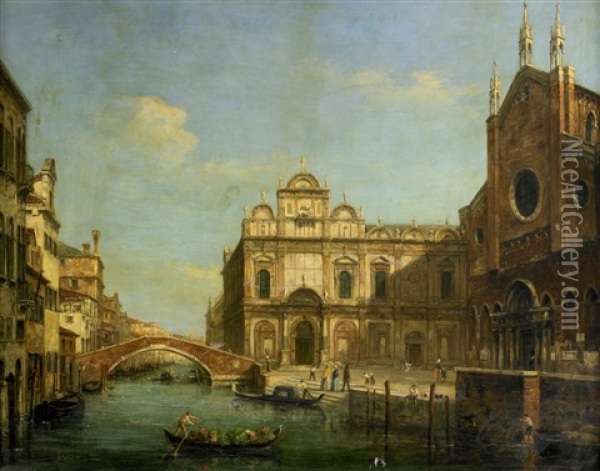 Kanalmotiv Med Gondoljarer Vid Kyrkan San Giovanni E Paolo - Venedig Oil Painting - William Henry Haines