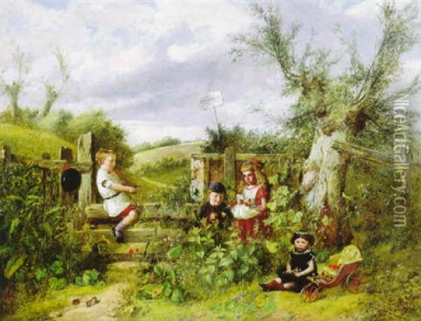 Children Playing Along A Country Road Oil Painting - Charles Hunt