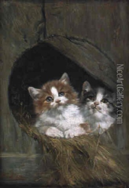 Zwei Junge Katzchen, Die Aus Einem Holzverschlag Hervorschauen Oil Painting - Julius Adam the Younger