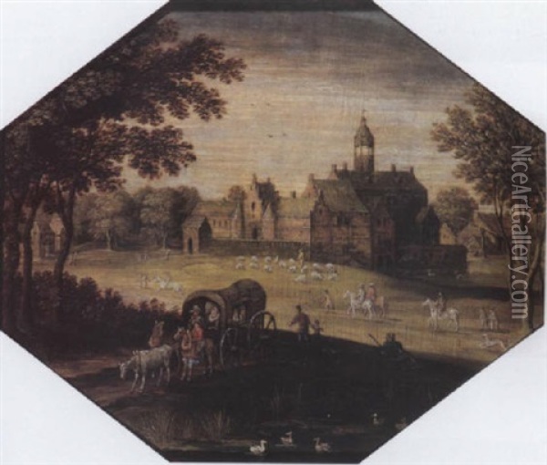 A Wooded Landscape With Travellers In A Wagon By A Pond, A Castle Beyond Oil Painting - Marten Ryckaert