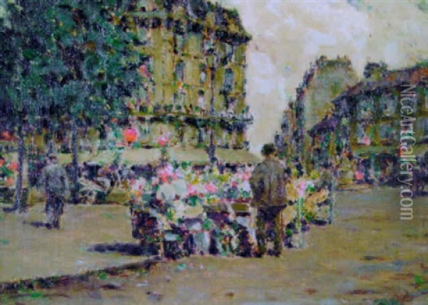 Flower Market, Paris Oil Painting - Luther Emerson Van Gorder