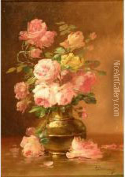 Nature Morte Au Vase De Roses Oil Painting - Edmond Van Coppenolle