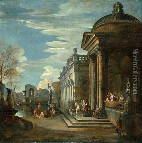 A Capriccio Of Classical Buildings By A Pool Oil Painting - Giovanni Paolo Panini