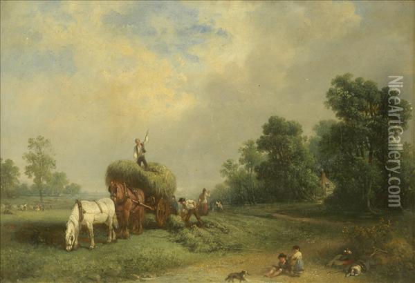 Haymaking, A Sunlit Scene With Children And Dog At Play Oil Painting - Myles Birket Foster