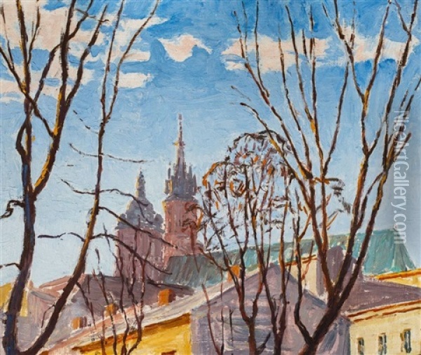 Widok Na Dach Kosciola Mariackiego W Krakowie Oil Painting - Ignacy Pinkas