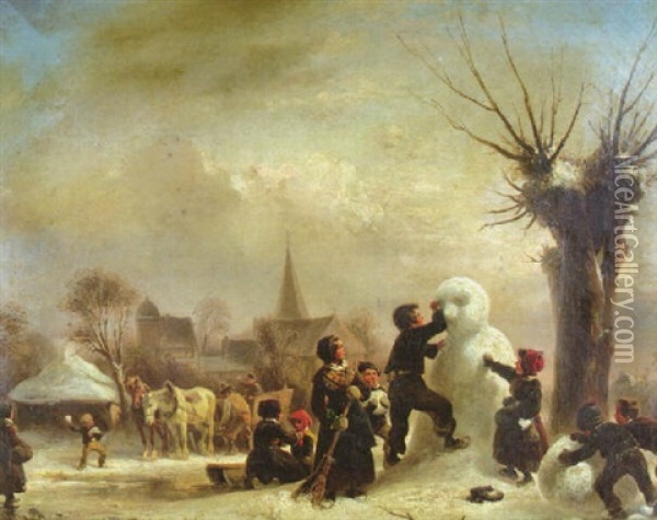 Kinder Bauen Einen Grosen Schneemann Oil Painting - Wilhelm Alexander Meyerheim