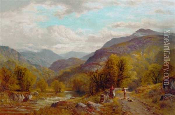 Figures On A Riverside Path In A Mountainous Landscape Oil Painting - Alfred Augustus Glendening Sr.