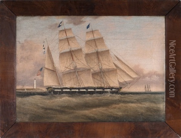 American Ship Passing A Lighthouse Oil Painting - Clement Drew