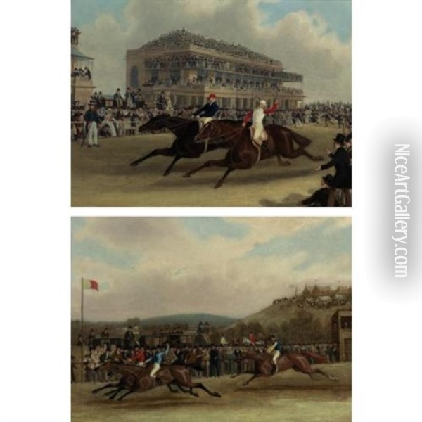 Priam Beating Retriever At Doncaster, September 23, 1830 (+ Captain Beecher On Vivian Winning The Hunters Stakes At Worthy Down, Winchester, July, 1835; Pair) Oil Painting - James Pollard