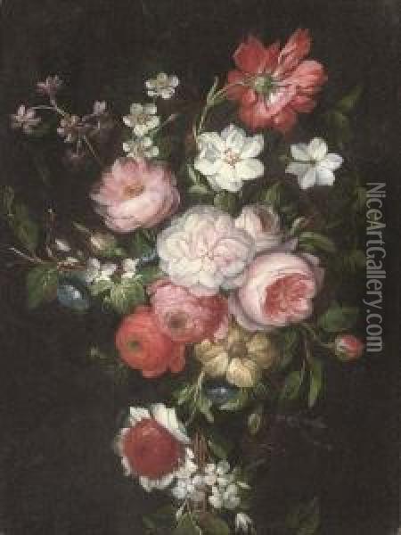 A Swag Of Roses, Narcissi And Other Flowers Oil Painting - Caspar Pieter I Verbrugghen