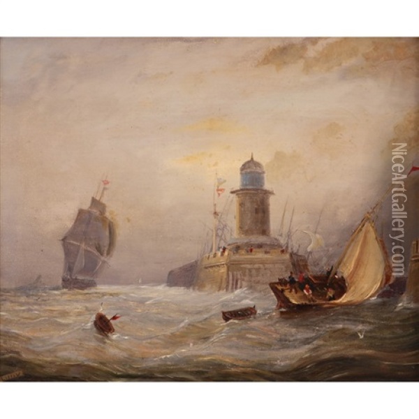 A Ship Coming Into Harbour With A Lighthouse On The Harbour Wall Oil Painting - Thomas Luny