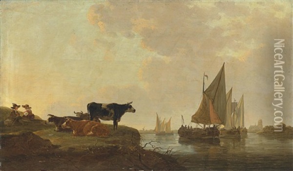 Drovers And Their Cattle On A River Bank, With Shipping And A Cathedral Beyond Oil Painting - Jacob Van Stry