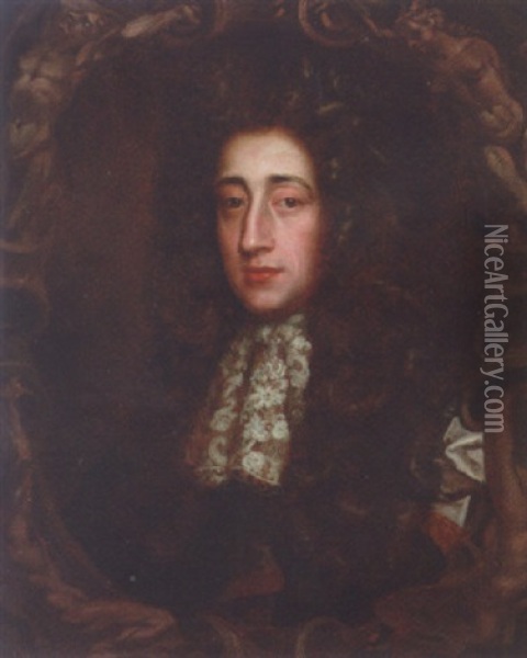 Portrait Of A Gentleman, In A Dark Coat With Lace Jabot Oil Painting - John Baptist Closterman