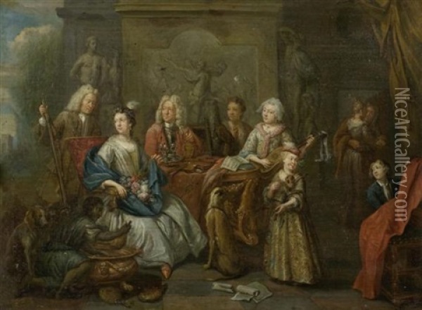 Familiendarstellungen Mit Jagdtrophaen Und Musikinstrumenten (pair) Oil Painting - Johann Georg Platzer
