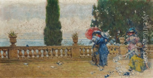 Vier Elegante Damen Futtern Tauben Auf Einer Sudlandischen Terrasse Oil Painting - Theodor Josef Ethofer