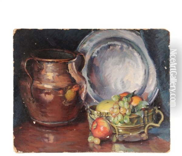 Still Life With Fruit, Copper Jug And Pewter Plate Oil Painting - Mabel May Woodward