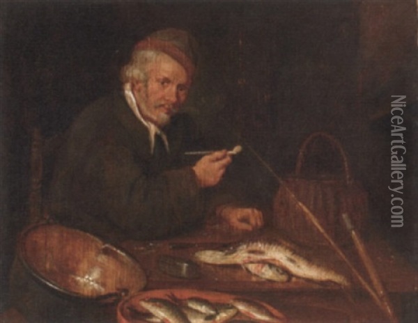 An Angler Smoking A Pipe In An Interior, His Catch On A Table Before Him Oil Painting - Quiringh Gerritsz van Brekelenkam