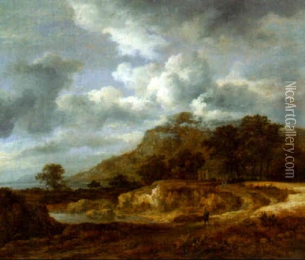 Travellers On A Sandy Track In A Mountainous Coastal Landscape On A Cloudy Day Oil Painting - Jacob Van Ruisdael