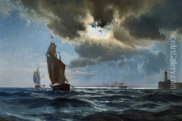 Ships Off The Coast By Night Oil Painting - Carl Johann Neumann