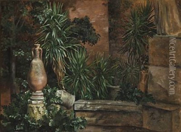 Palms And Jars In A Courtyard In Rome Oil Painting - Anthonie Eleonore (Anthonore) Christensen