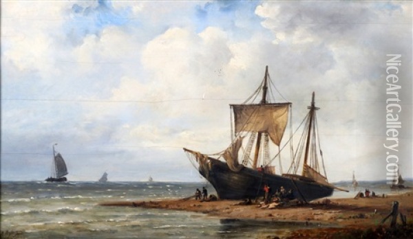 Een Vissersboot Op Het Strand Met Vele Personen Oil Painting - Nicolaas Martinus Wijdoogen